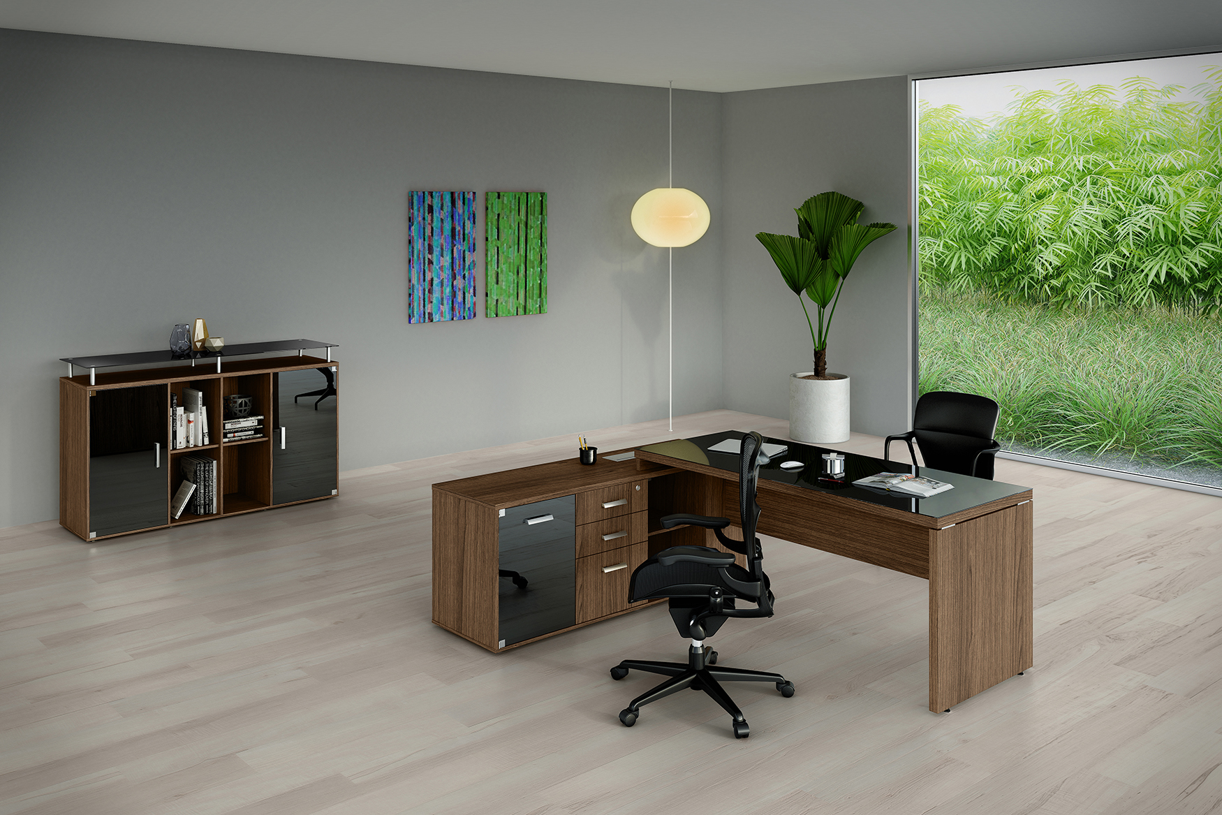 Mesa Diretiva com Armário e Tampo de Vidro